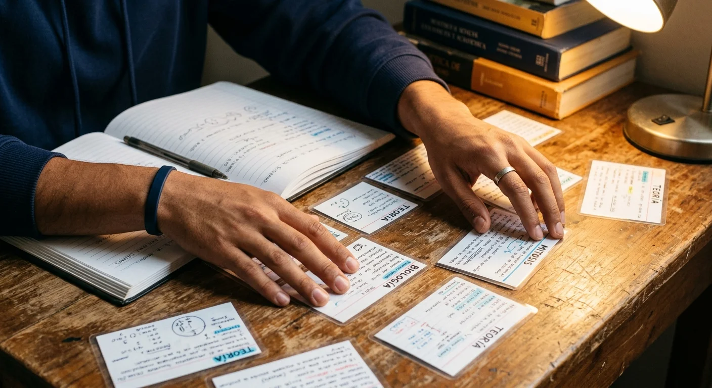Latino hands spreading USCIS civics study cards across a desk with notebook and pen