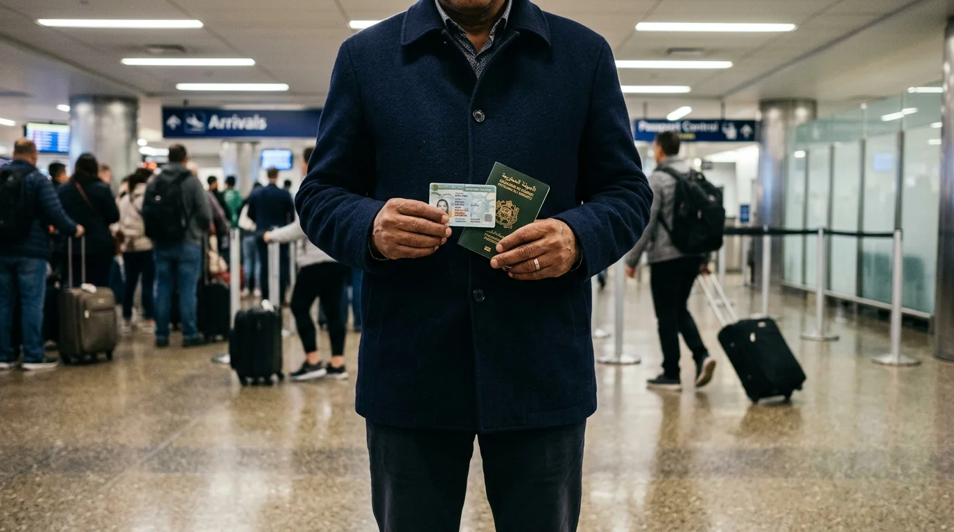 Airport international arrivals hall with overhead signs and travelers carrying luggage, travel ban green card impact 2026