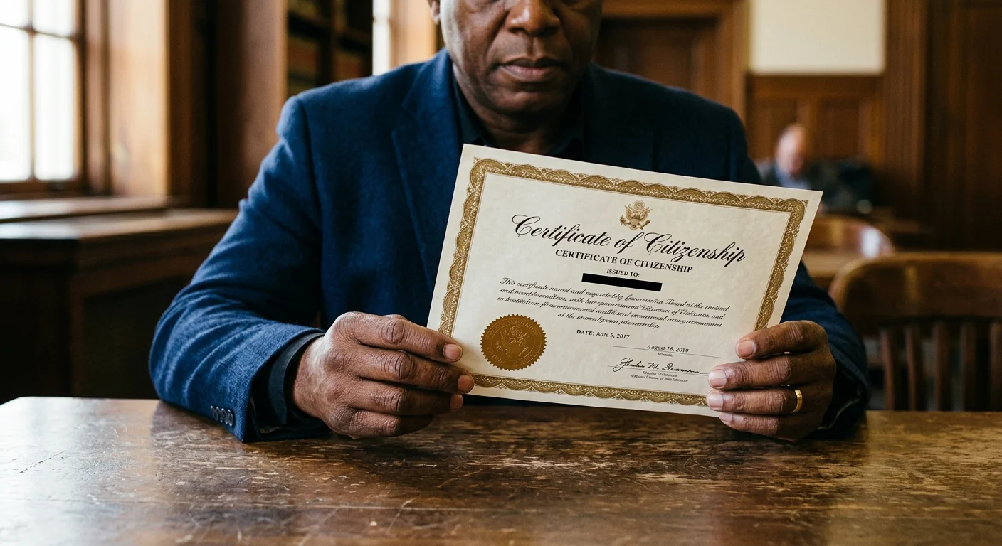Close-up of Black person's hands holding an opened Certificate of Naturalization document on a wooden table