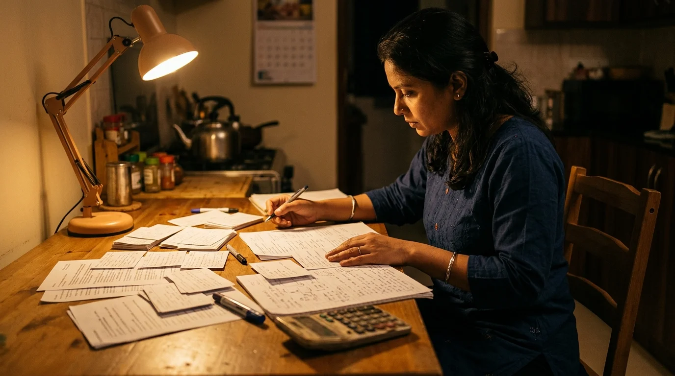 Citizenship test study materials — open notebook, flashcards, and printed question list on a wooden desk