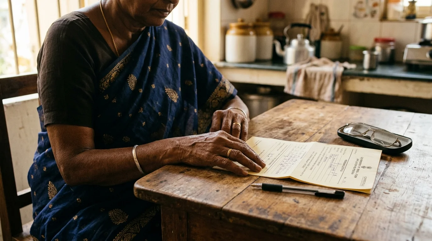 Elderly person studying civics questions with reading glasses and documents at a kitchen table