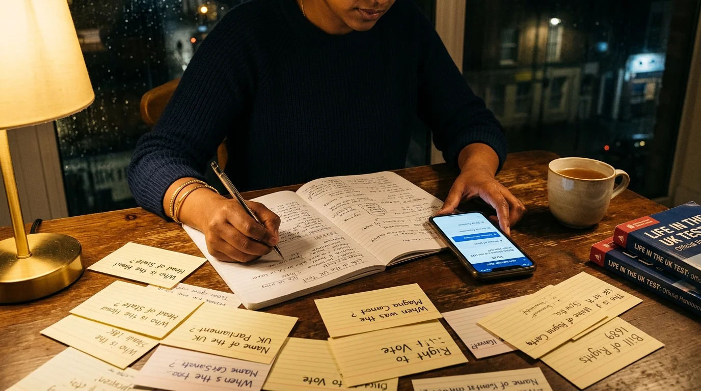 South Asian woman studying citizenship test flashcards at a kitchen table with English study materials