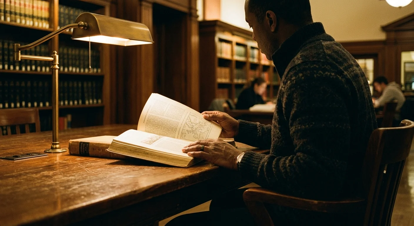 Person studying American history at a library table — founding fathers civics guide for the USCIS naturalization test