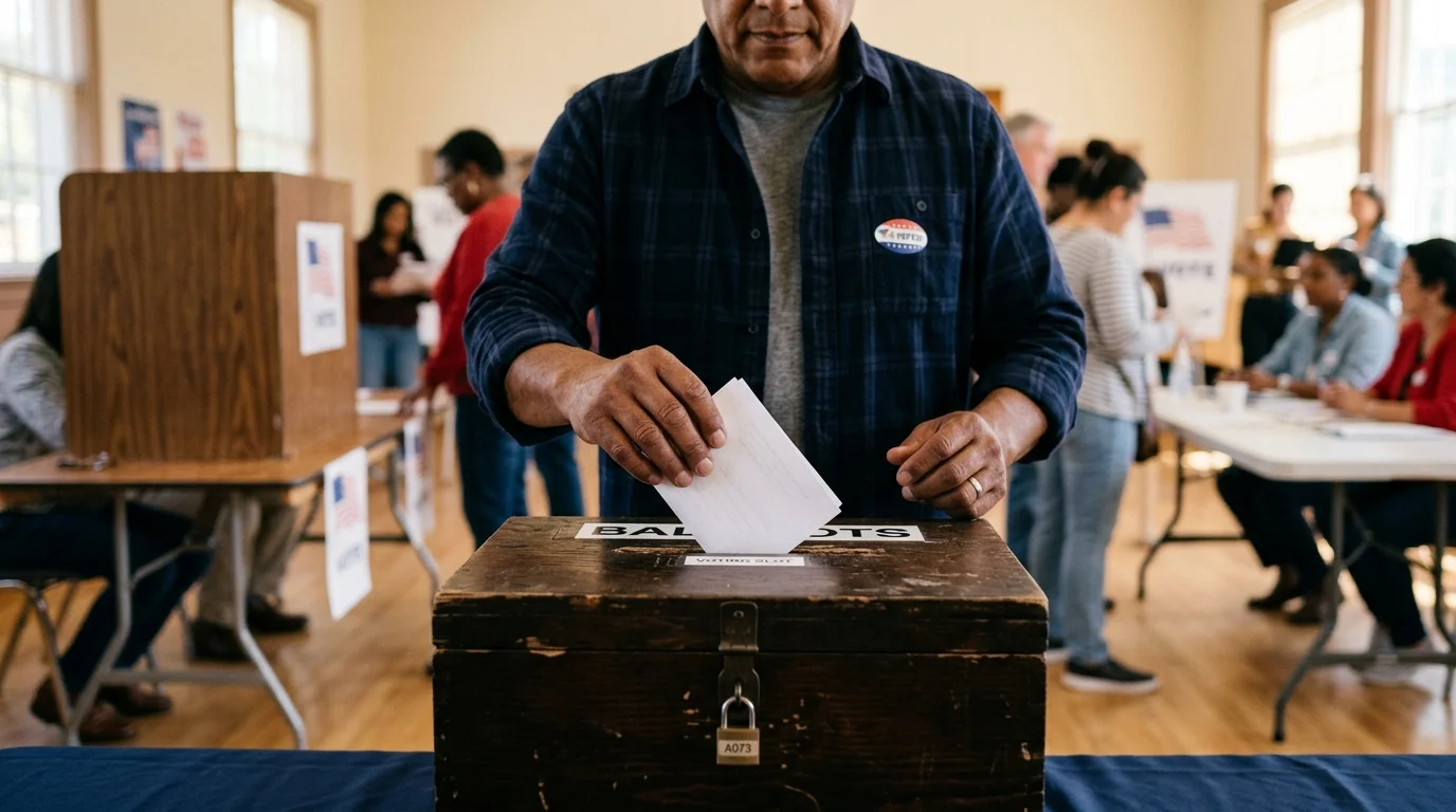 Latino voter from the shoulders down placing a ballot into a voting box — Electoral College civics test