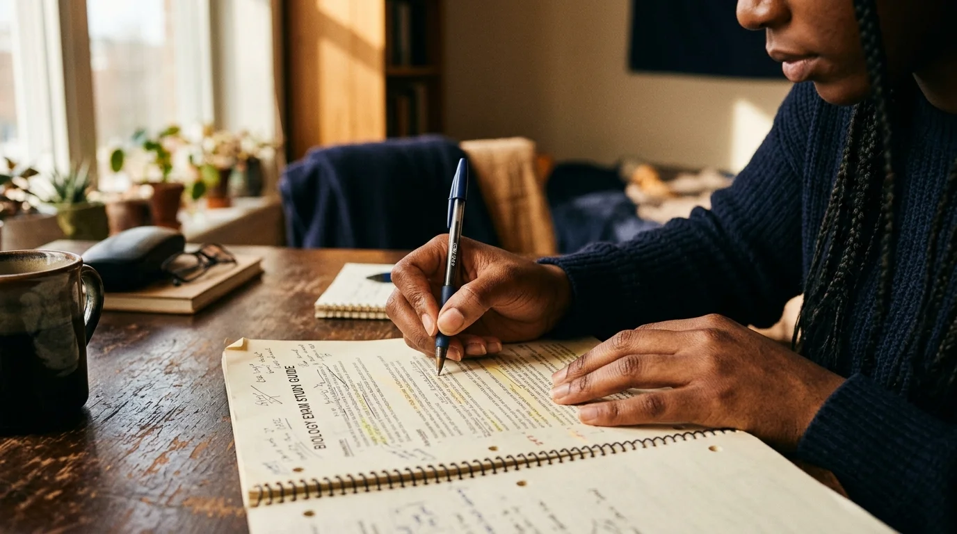 Close-up of hands holding printed USCIS civics study materials at a desk, naturalization interview preparation