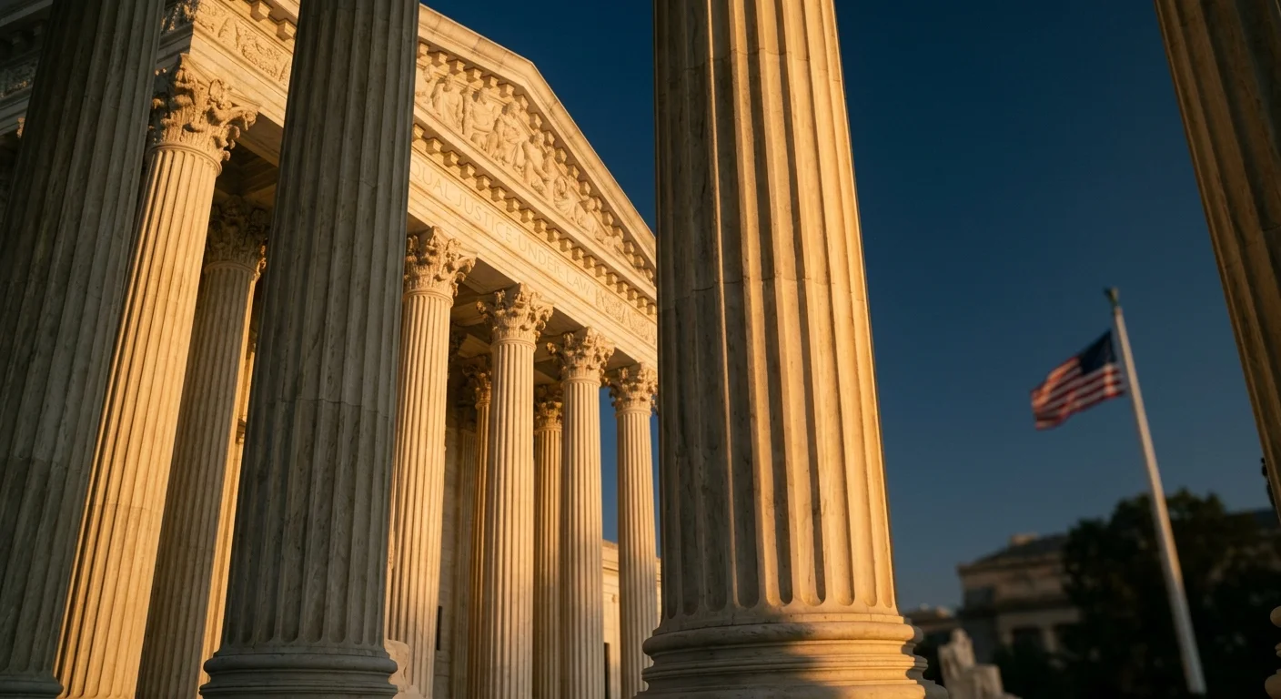 Marble columns of the US Supreme Court building at golden hour — how many justices are on the Supreme Court USCIS civics