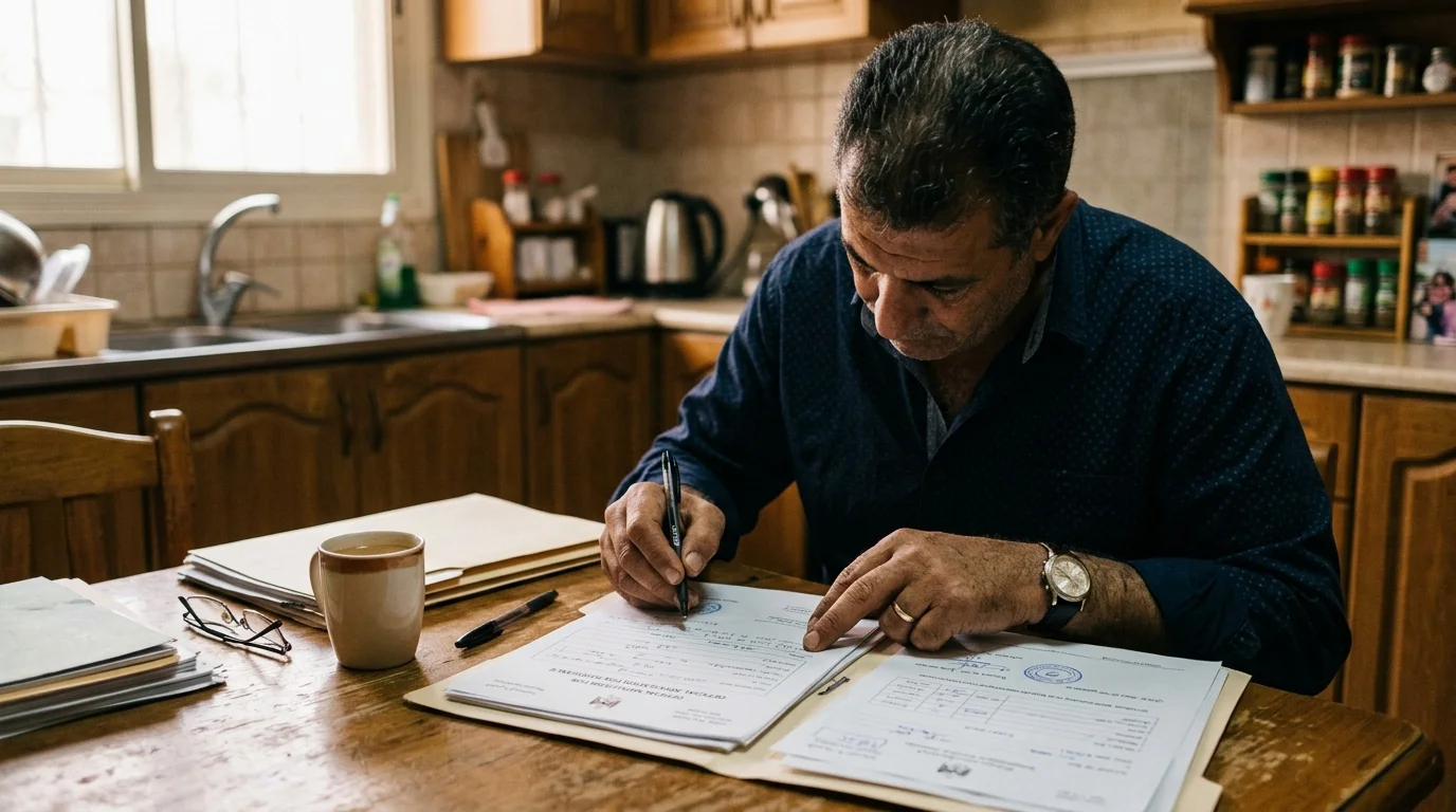Latino person from shoulders down reviewing N-400 paperwork at a desk with a laptop showing the USCIS website