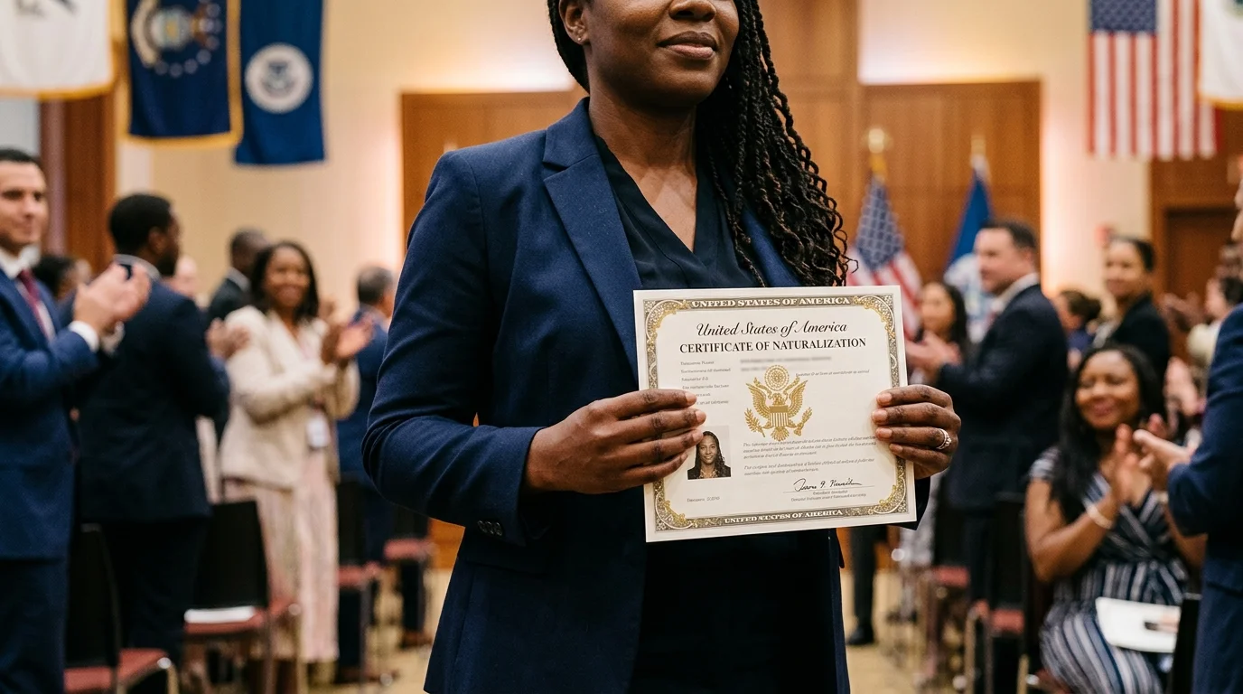Hands holding a Certificate of Naturalization at a citizenship ceremony, warm indoor lighting