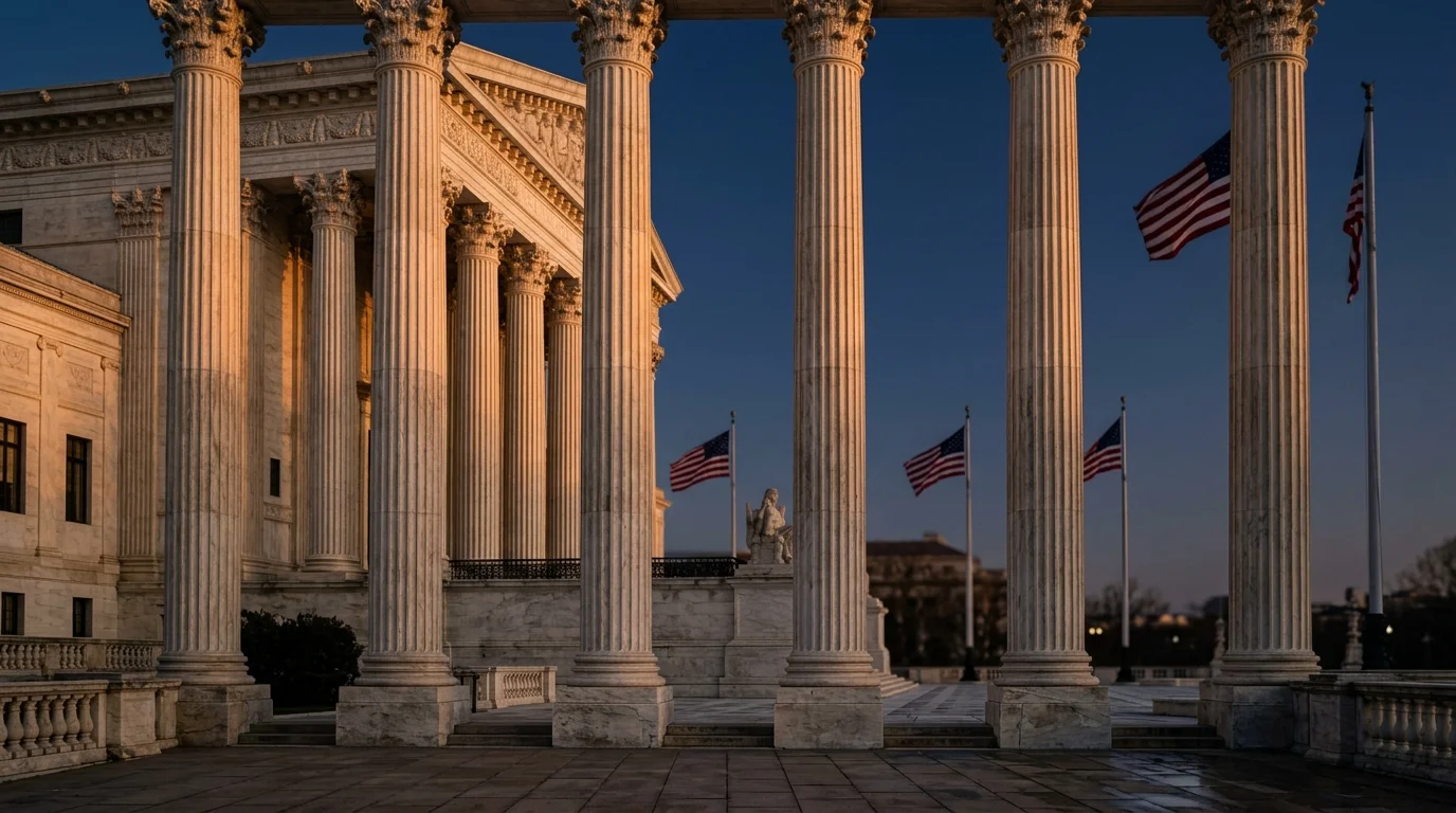 Federal courthouse columns at dusk — three branches of US government civics test