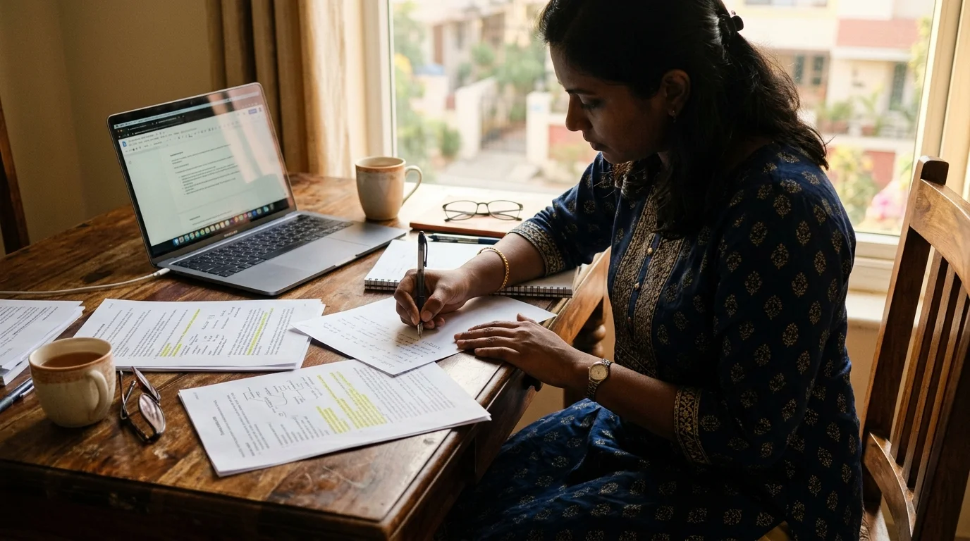 South Asian woman studying for the US citizenship practice test with printed study sheets at a desk