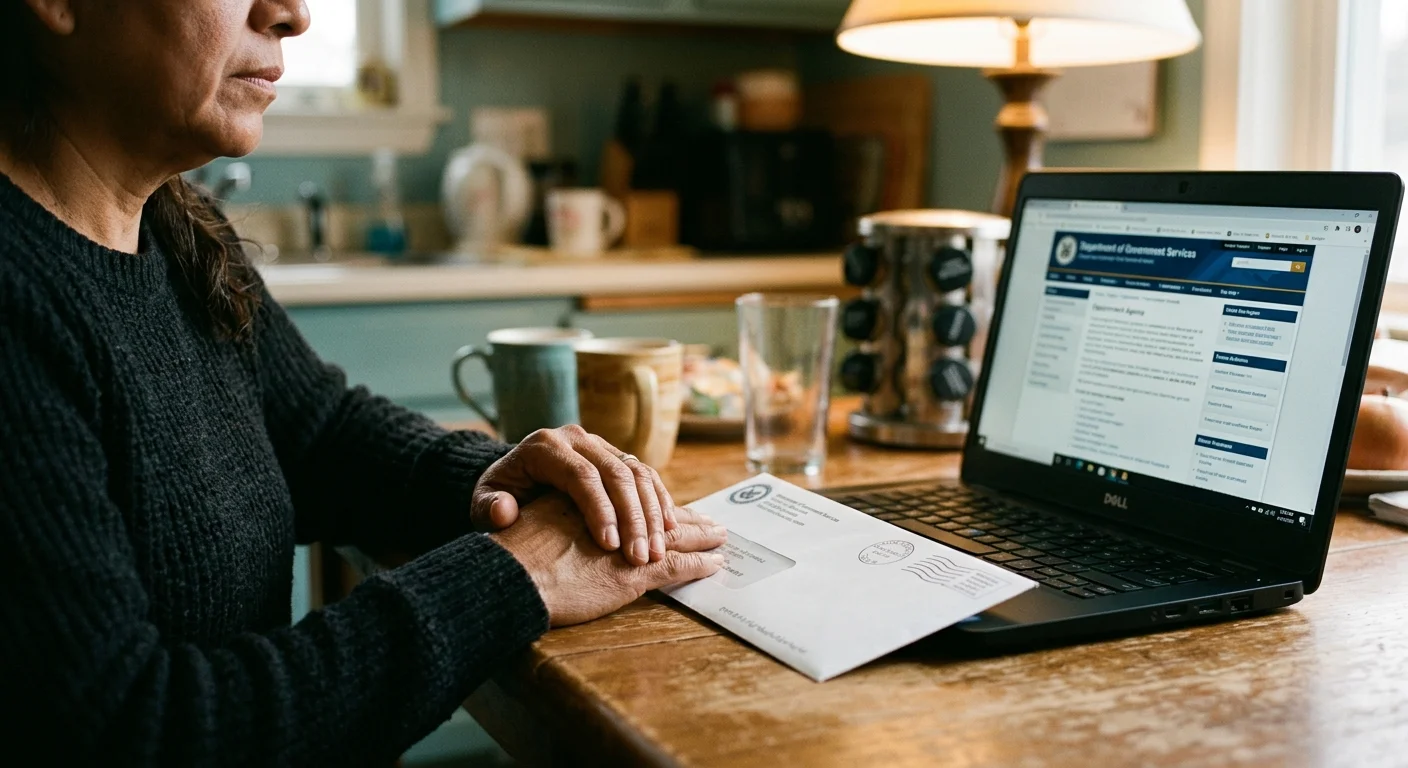 Hands holding an opened envelope with government correspondence beside a laptop showing a case status page