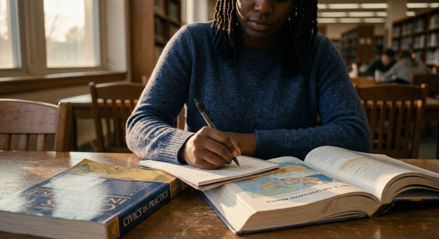 Black woman studying civics textbook at library table with pen and afternoon window light