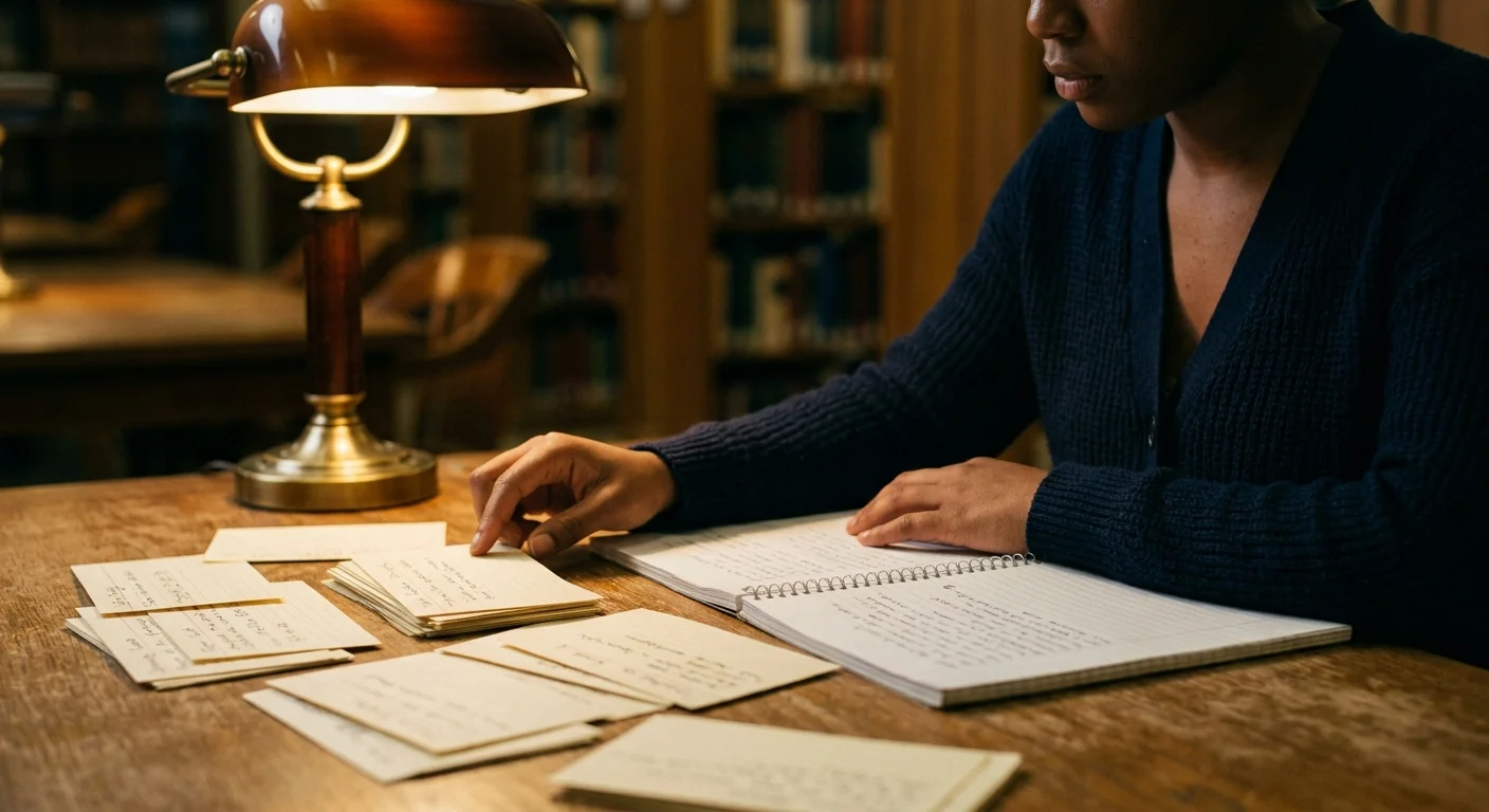 A naturalization applicant studying American history flashcards at a library table, USCIS civics test preparation