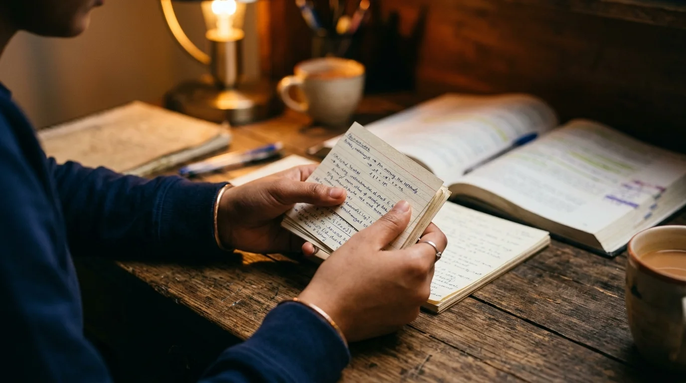 Person studying English vocabulary flashcards at a desk, preparing for the USCIS naturalization English test