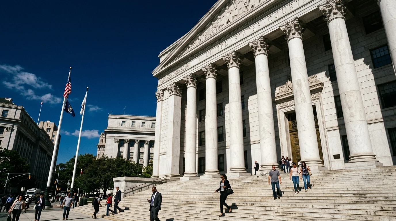 The exterior columns of a federal courthouse with stone steps and a clear sky, representing the rule of law